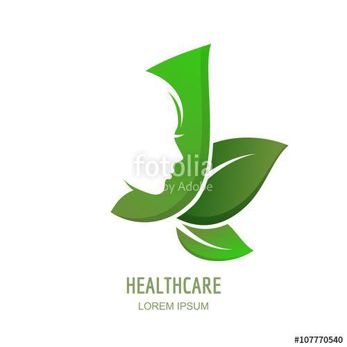 Green Beauty Logo - Female face in profile on green leaves background. Vector woman logo