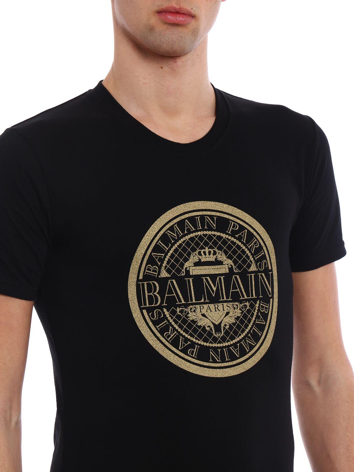 Balmain Gold Logo - Balmain - Gold logo cotton T-shirt - t-shirts - S8H8601I156176 ...