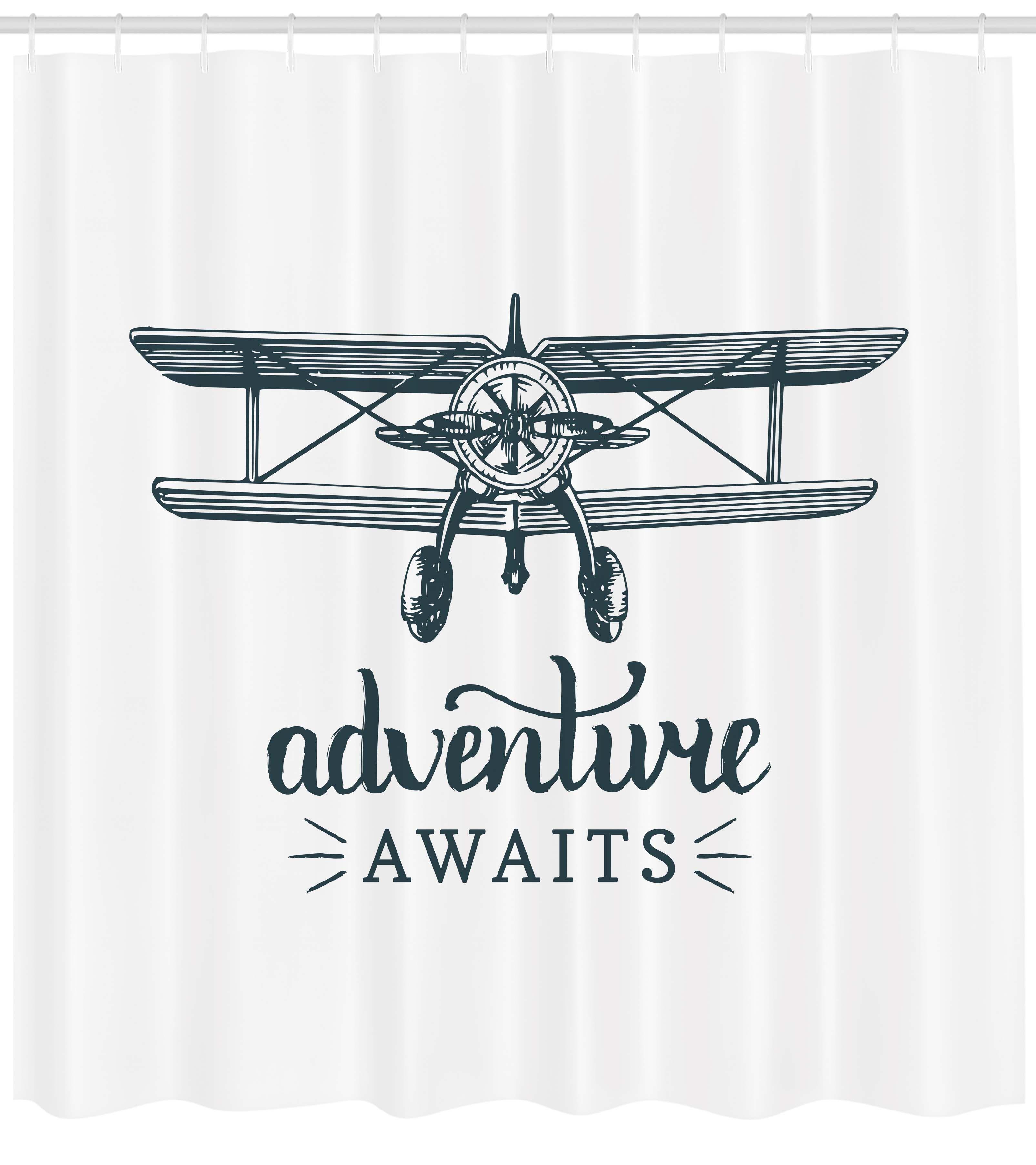 Airplane Logo - Adventure Awaits Shower Curtain, Vintage Airplane Logo with Freedom ...