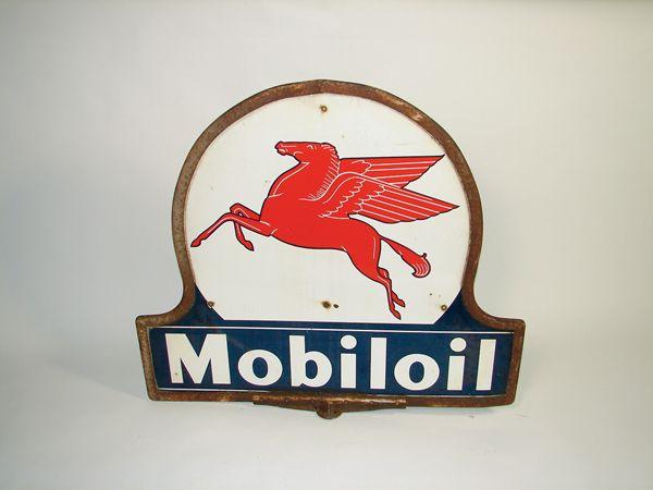 Mobil Horse Logo - 1940s Mobil Oil double-sided porcelain curb sign with Pegasus