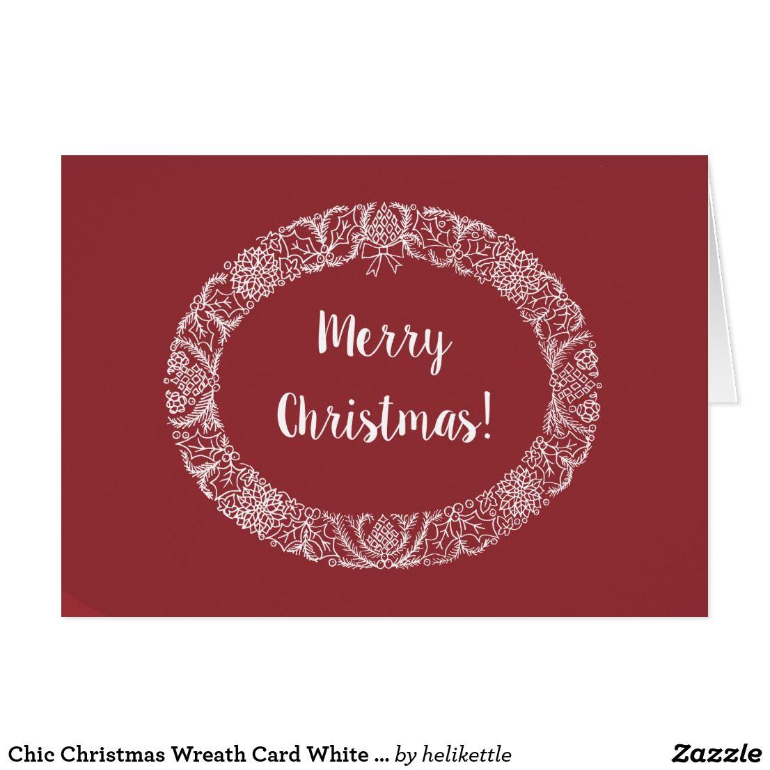 Deep Red and White Logo - Chic Christmas Wreath Card White on Deep Red. Zazzles Christmas