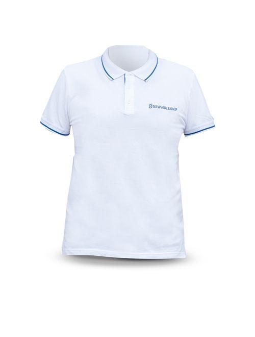White and Blue Polo Logo - New Holland Style. Polo shirt, man, white
