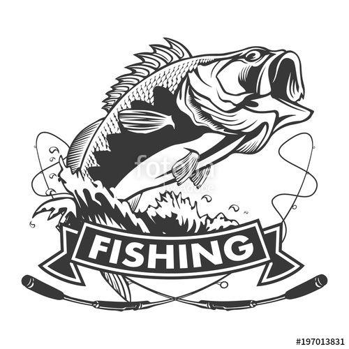 White Fish Logo - Fishing logo. Bass fish with rod club emblem. Fishing theme