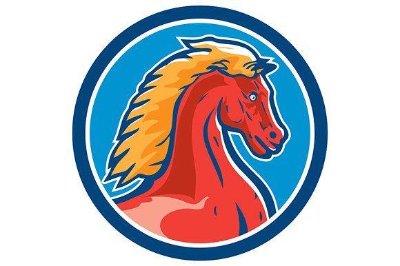 Red Horse in Circle Logo - Colt Horse Head Side Circle Retro ~ Illustrations ~ Creative Market