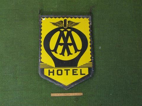 Double AA Logo - A double sided enamel advertising sign for AA Hotel, featuring Hotel
