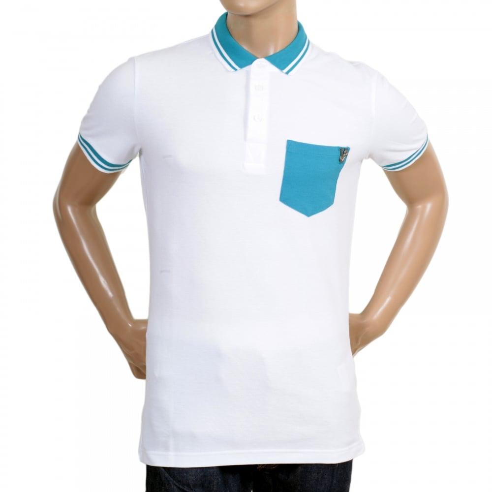 White and Blue Polo Logo - Versace White Polo Shirt with Blue Chest Pocket