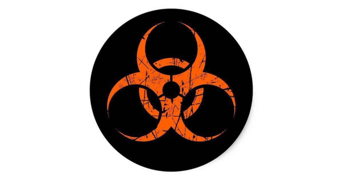Orange Biohazard Logo - Scratched Orange Biohazard Symbol on Black Classic Round Sticker