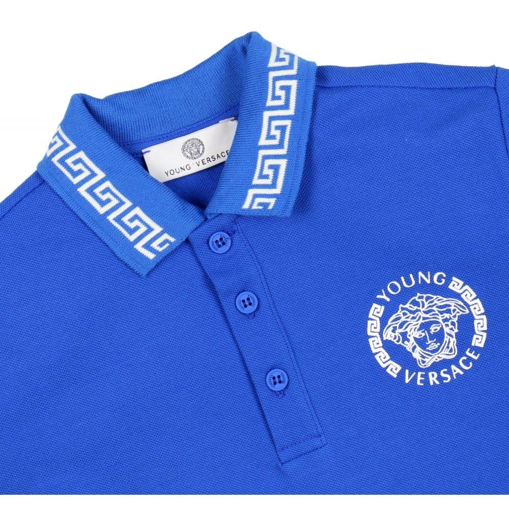 White and Blue Polo Logo - Young Versace Boys Blue Polo Shirt with White Detailing and ...