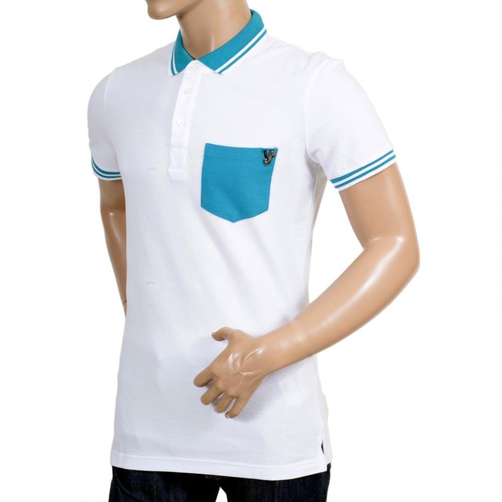 White and Blue Polo Logo - Versace White Polo Shirt with Blue Chest Pocket