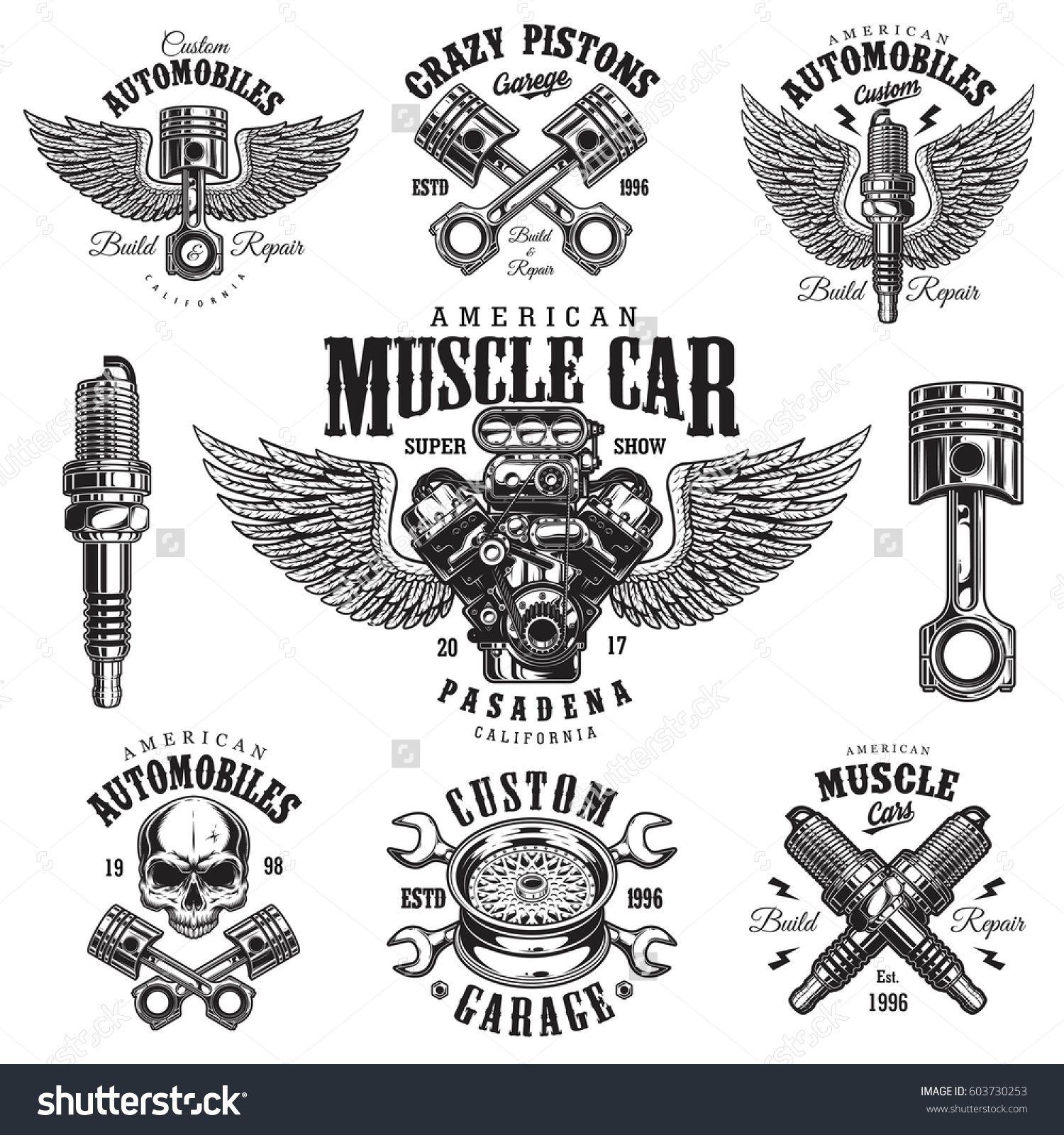 Vintage Custom Auto Shop Logo - Set of vintage monochrome car repair service templates of emblems ...
