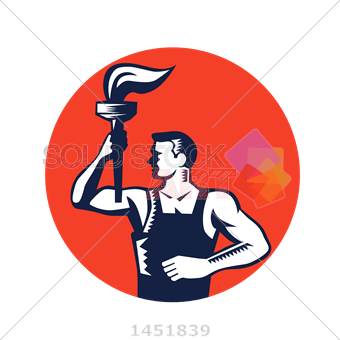 A Inside the Red Circle Logo - Stock Illustration of Vector male worker in coveralls holding torch