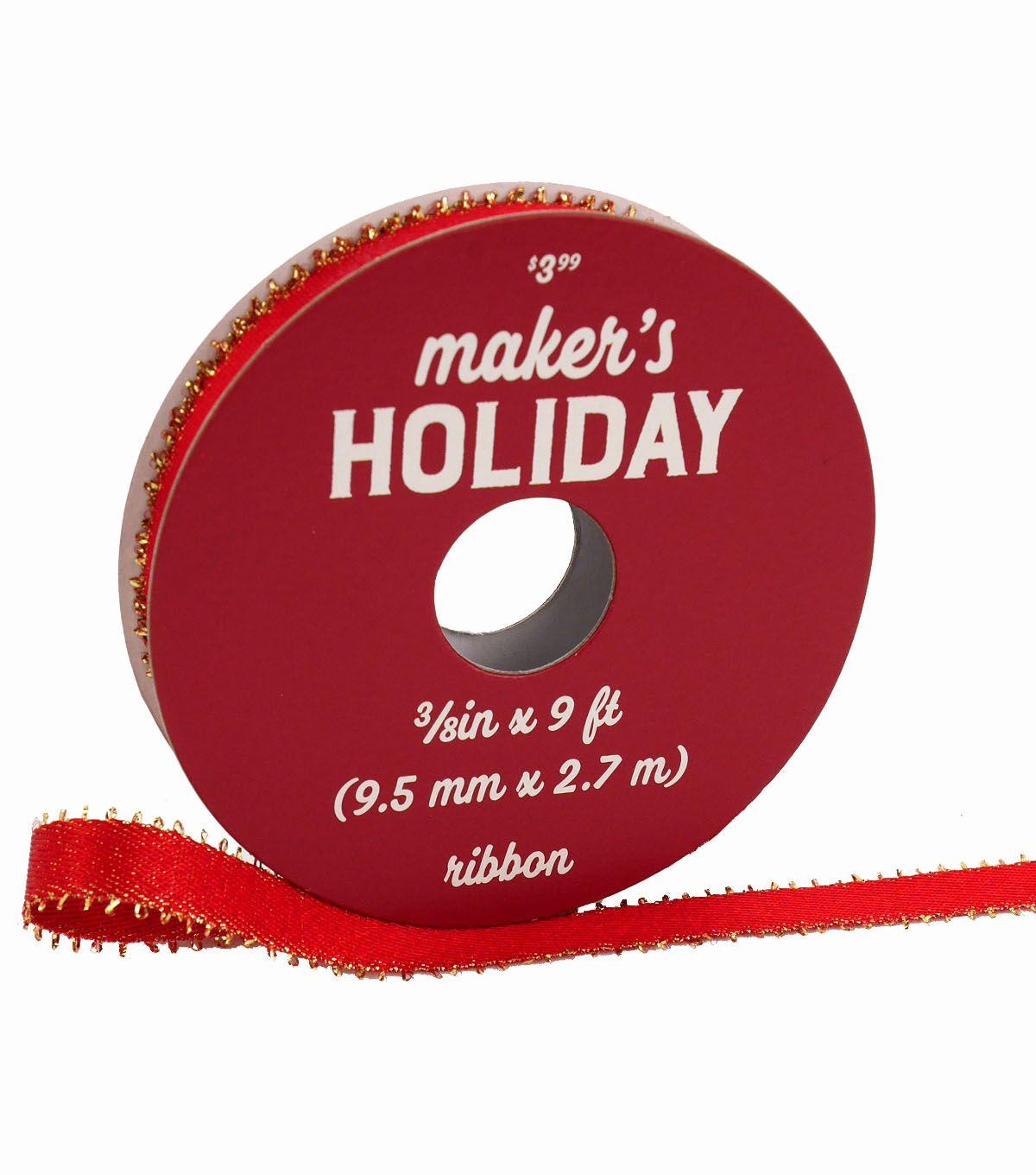 Fringed Red Circle Brand Logo - Maker's Holiday Christmas Ribbon 3/8''x9'-Red with Gold Fringe Edge ...