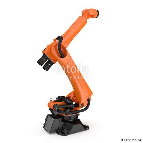 Orange and White Robot Logo - Orange robot arm for industry isolated on white. Side view. 3D ...