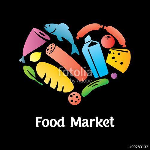Food Shaped Logo - Food market logo. Heart shaped set of food icons, battered theme