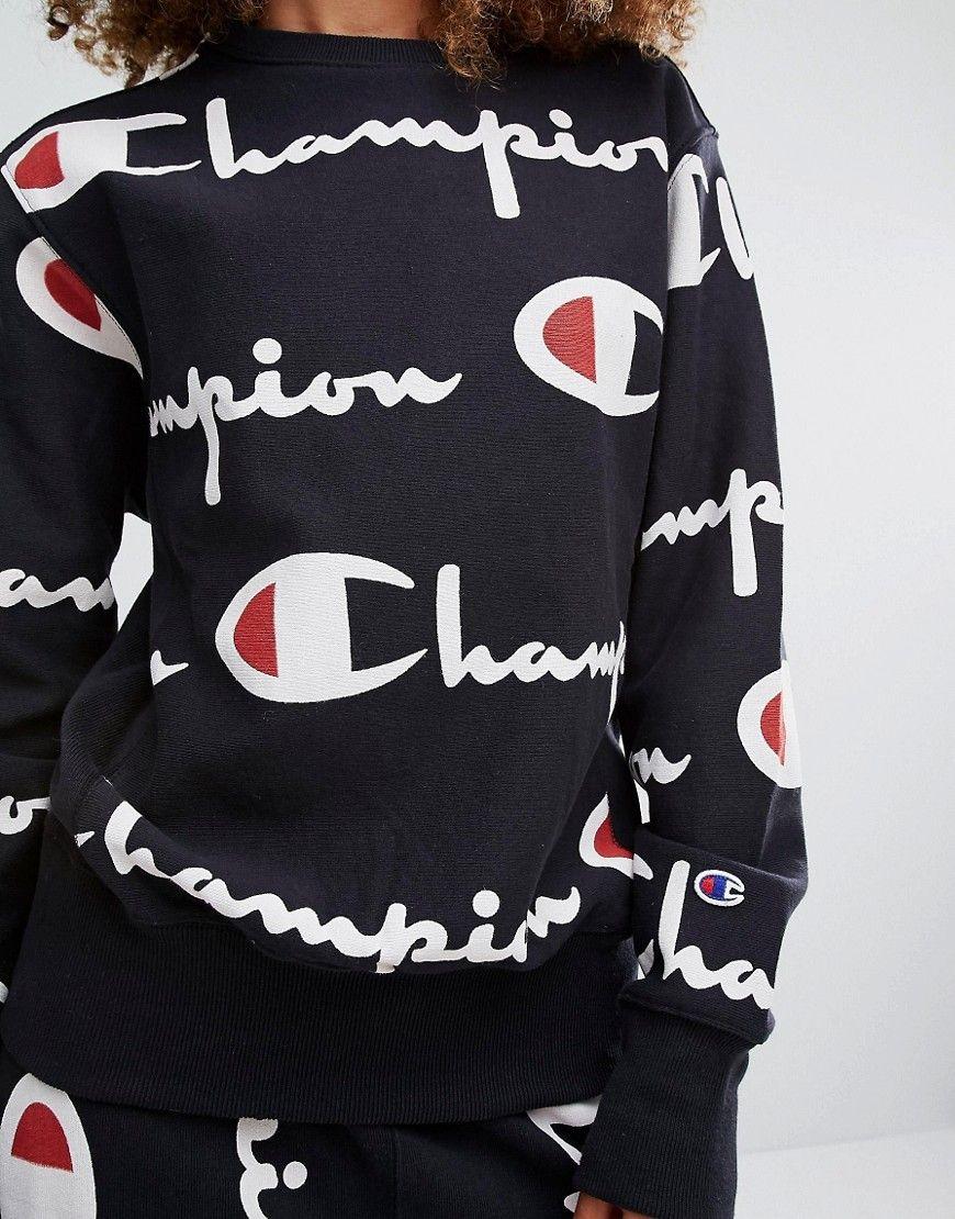 Women Champion Clothing Logo - Champion Oversized Sweatshirt With All Over Logo Print. W
