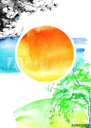 Tree in a Yellow Circle Logo - Watercolor abstract logo, banner. Spots of watercolor paint, orange