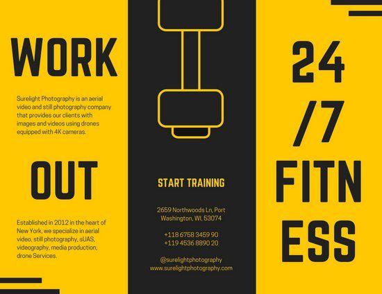Work in Black and Yellow Logo - Yellow and Black Barbell Fitness Trifold Brochure - Templates by Canva