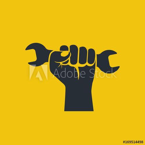 Work in Black and Yellow Logo - Wrench in hand icon. Black silhouette isolated on yellow background ...