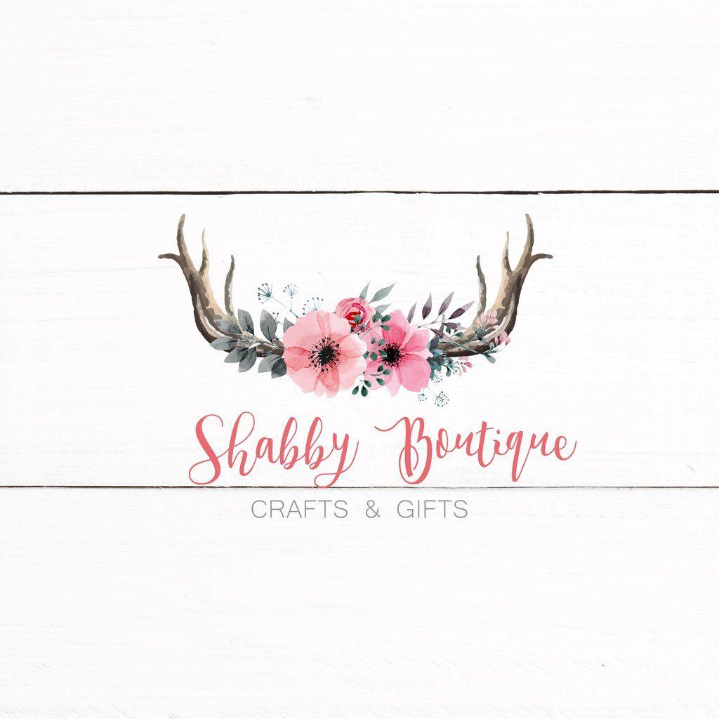 Chic Floral Logo - Floral Antler Rustic Shabby Chic Logo - Predesigned Logo Customized ...