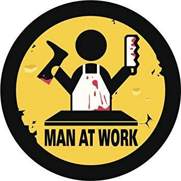 Work in Black and Yellow Logo - MAN AT WORK SERIAL KILLER BUTCHER LOGO YELLOW BLACK RED