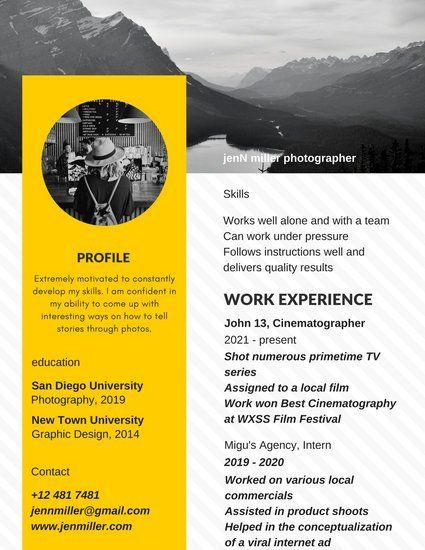 Work in Black and Yellow Logo - Black and Yellow with Image Photography Photo Resume - Templates by ...