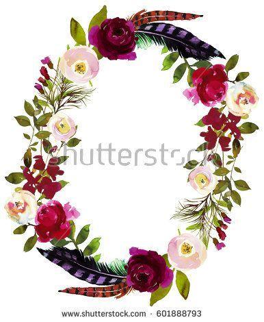 Flower with Red Oval Logo - Watercolor Boho Burgundy Red White Floral Wreath Flowers