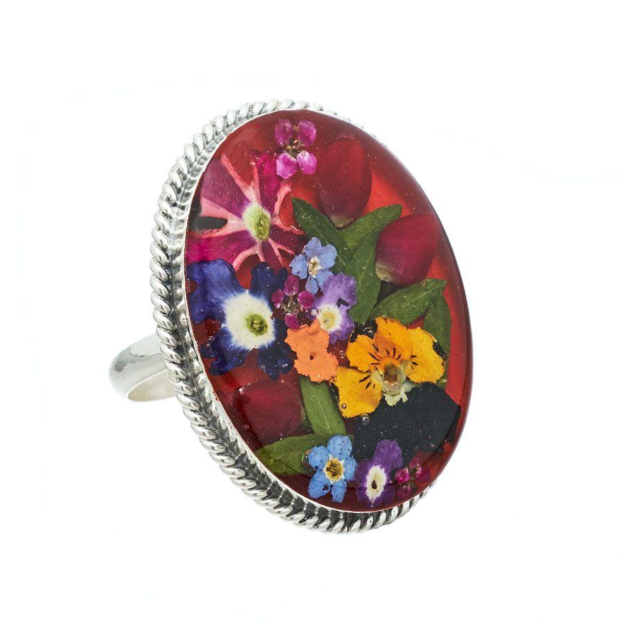 Flower with Red Oval Logo - Red Oval Mexican Flowers Baroque Large Ring - Adjustable | San Marco