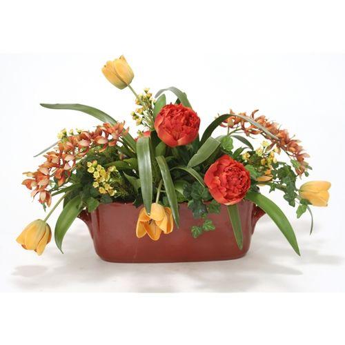 Flower with Red Oval Logo - Rust, Green and Gold Silk Garden Floral Mix in a Red Oval Ceramic ...