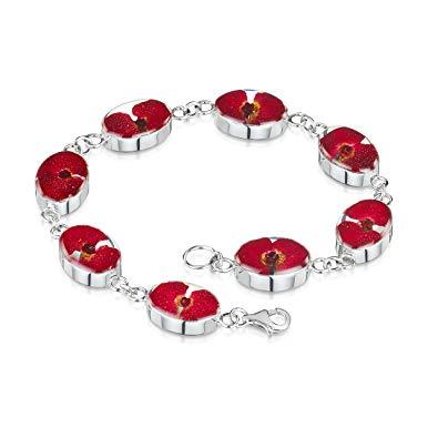 Flower with Red Oval Logo - Sterling Silver Real Flower Bracelet Poppy giftbox