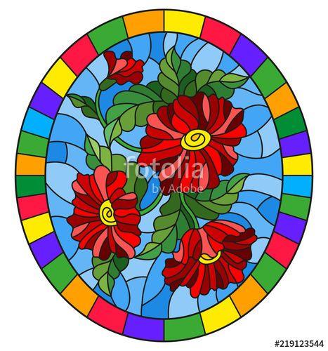 Flower with Red Oval Logo - Illustration in stained glass style with a branch of a flowering ...