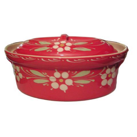 Flower with Red Oval Logo - Traditional French Casserole Dish, Red Flowers, Oval