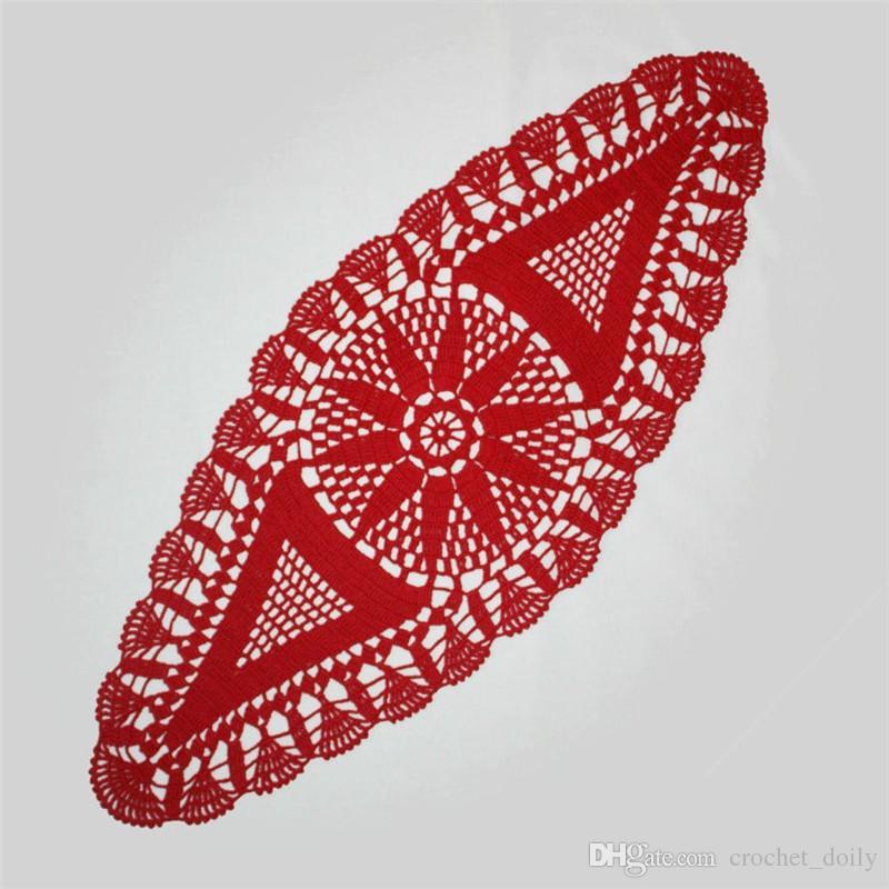 Flower with Red Oval Logo - Red Oval Crochet Doily, Lace Crochet Doily, Red Table Runner