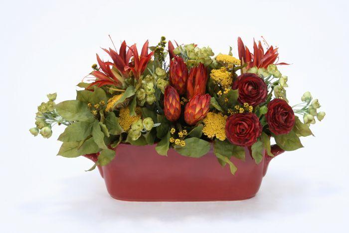 Flower with Red Oval Logo - Rust Red, Gold and Green Floral in Oval Rust Planter 9935