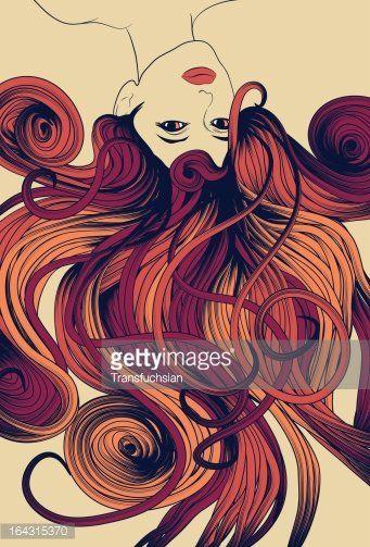 Woman with Red Hair Flowing Logo - Upside Down Woman's Face With Long Detailed Flowing Hair premium