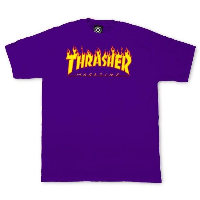 Purple E Logo - Thrasher Flame Logo Purple T-Shirt - Large - FAR Skateboard Shop