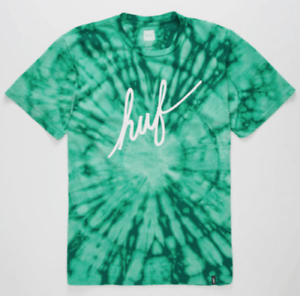 Tye Dye Supreme Logo - HUF Mens T-Shirt SCRIPT LOGO Skate TIE DYE GREEN Supreme Skateboard ...