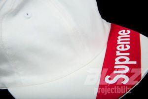 A Single White On Red Box Logo - SUPREME VISOR LABEL 6 PANEL CAP WHITE SS18 2018 CAMP HAT RED BOX