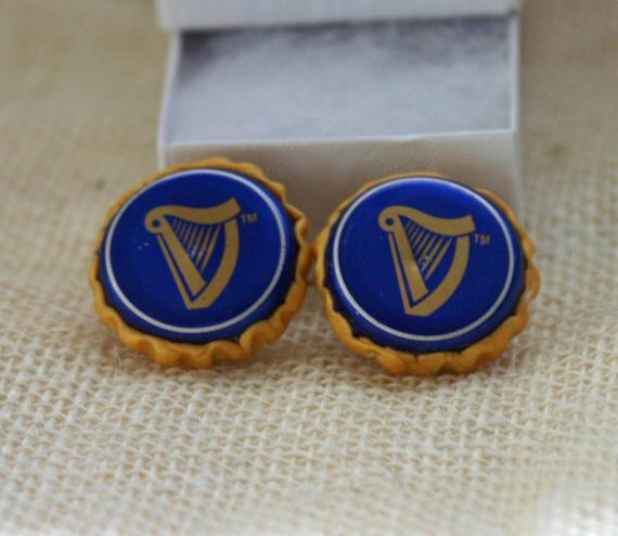 Blue with Gold Harp Logo - Recycled GUINNESS Cufflinks Blue and Gold with Harp Recycled