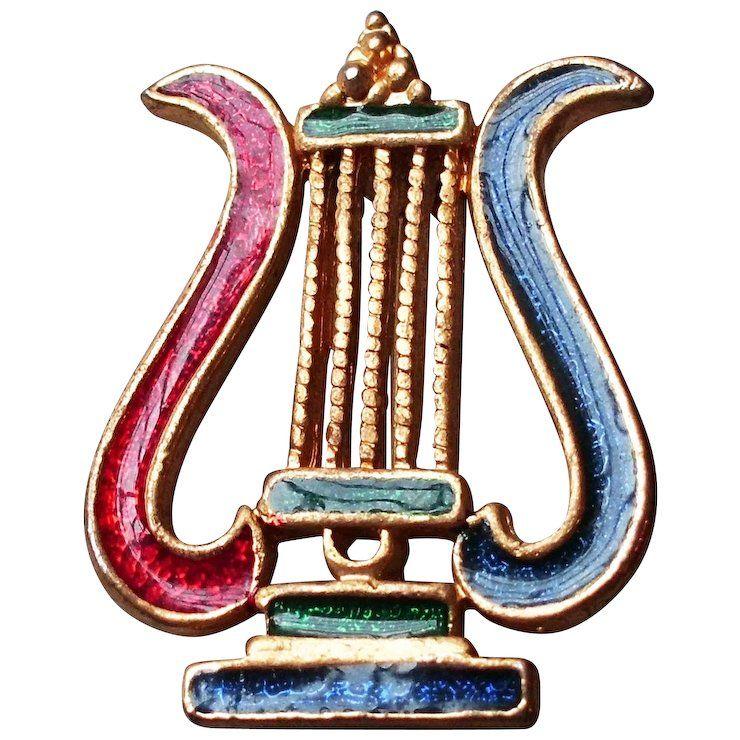 Blue with Gold Harp Logo - King David harp brooch with blue and red enamel brass jewelry