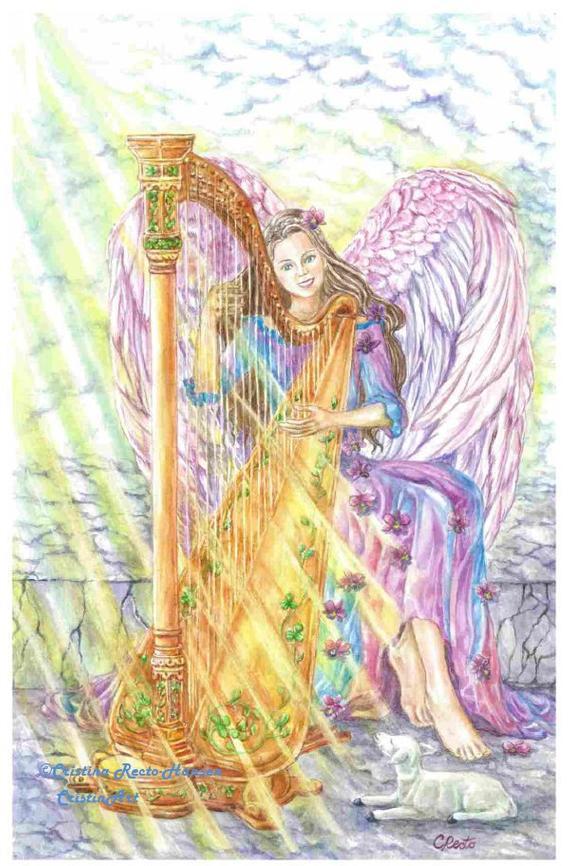 Blue with Gold Harp Logo - Angel Art Angel Purple Blue Gold Playing a Golden | Etsy