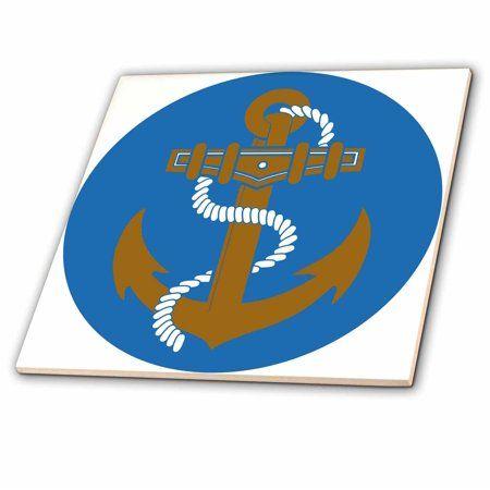 Blue with Gold Harp Logo - 3DRose Blue, White, and Gold Sail Boat Anchor Emblem Tile