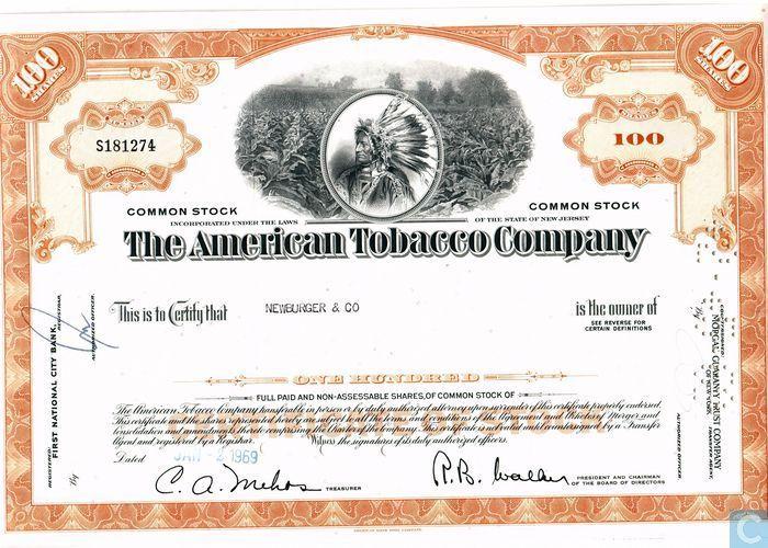 American Tobacco Company Logo - The American Tobacco Company, Certificate for 100 shares, Common