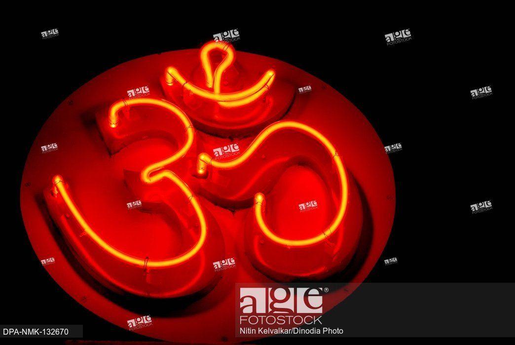 Red Hindu Logo - OM ; cosmic creation ; holy symbol of Hindu ; illuminated neon sign ...