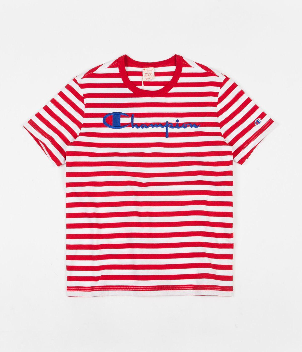 Red White S Logo - Champion Striped Script Logo T-Shirt - Red / White | Flatspot