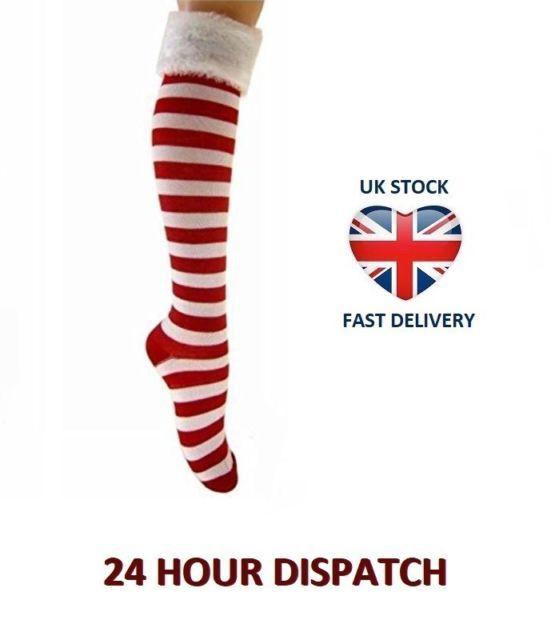 Cristmas Red White and Looking Brand Logo - Ladies Striped Red White Elf Christmas Santa Xmas High Socks 1 Pair