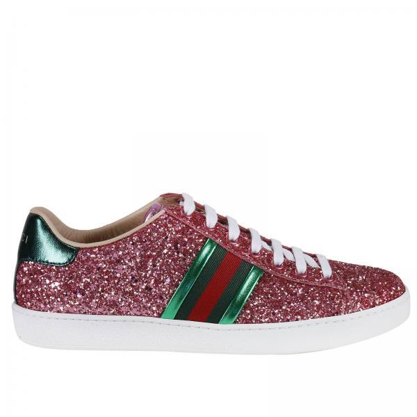 Gucci Pink Glitter Logo - Gucci Women's Pink Sneakers. Ace Sneakers With Web Details