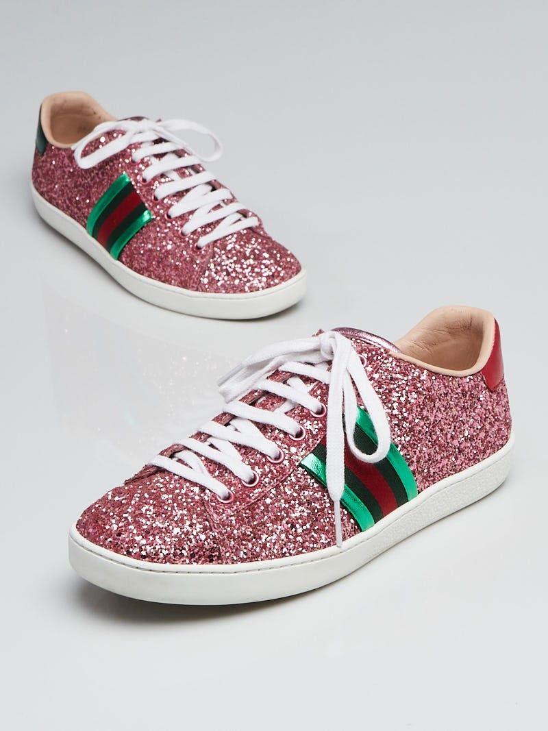 Gucci Pink Glitter Logo - Gucci Pink Glitter Leather Ace Sneakers Size 7/37.5 - Yoogi's Closet