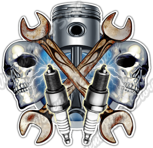 Mechanic Piston Logo - Mechanic Skulls Skull Piston Spark Wrench Car Bumper Vinyl Sticker ...