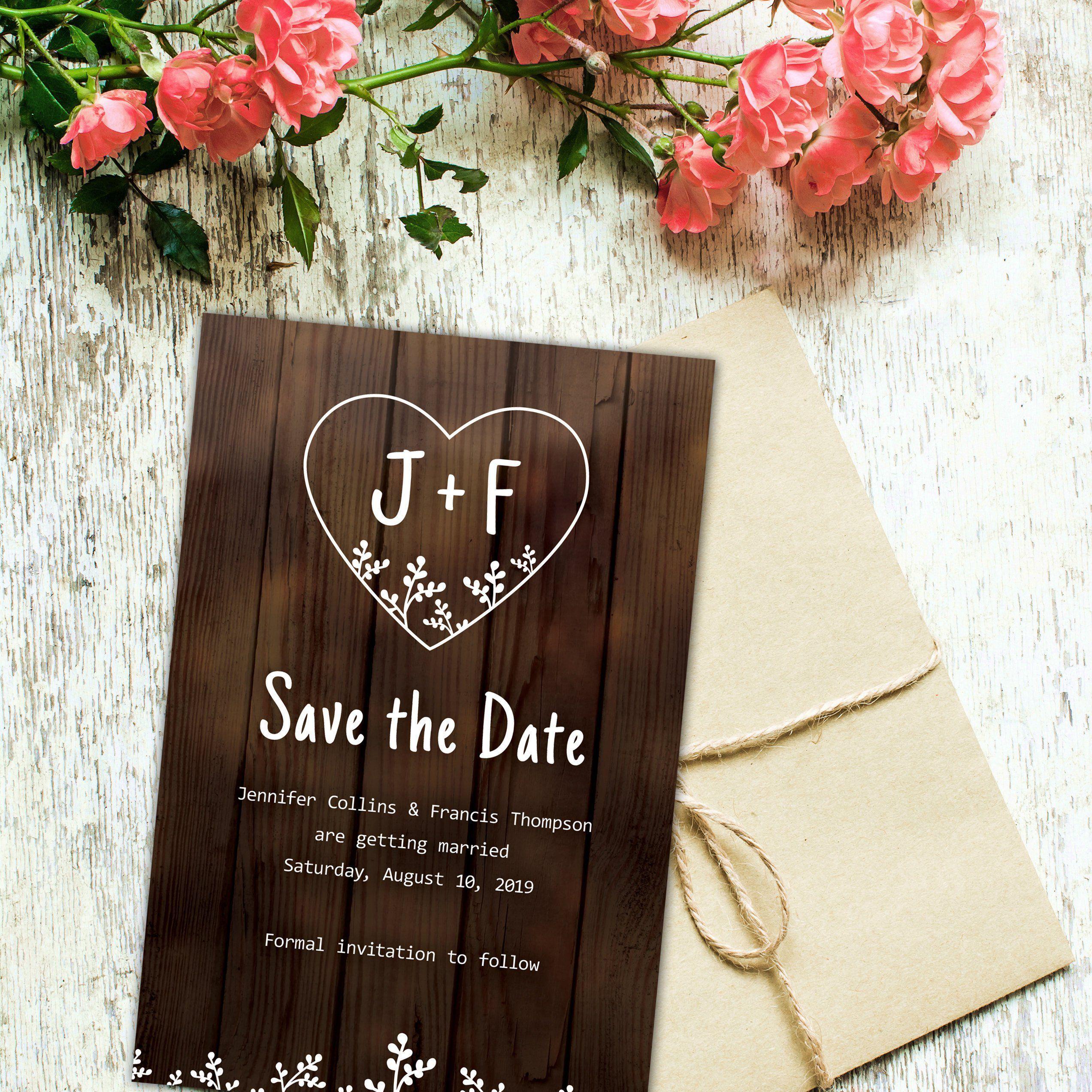 Wooden Rustic Flower Logo - Rustic Save the Date Template w/ Heart, Printable Save the Date ...