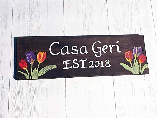 Wooden Rustic Flower Logo - Personalised Exterior Tulips Wooden House Name Sign, Cottage Sign